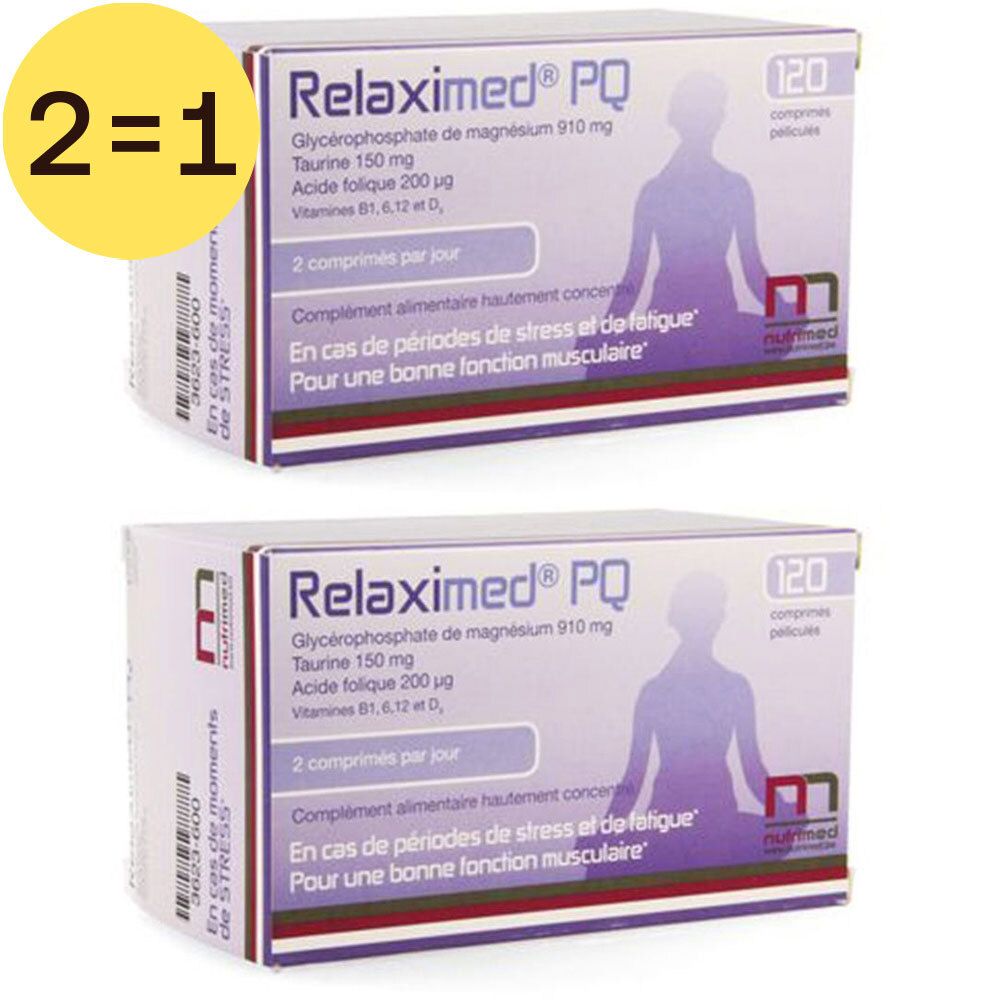 Deux boîtes de Relaximed® PQ, 120 comprimés. Inscription: 2=1 GRATUIT. Contient Glycérophosphate de magnésium, Taurine, Acide folique.