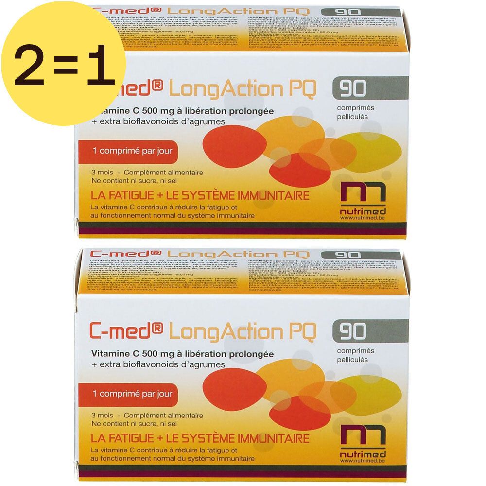 Twee verpakkingen C-med® LongAction PQ. Elke verpakking bevat 90 tabletten. Opschrift: Vitamine C, 500 mg, met citrusbioflavonoïden. Gratis actie.