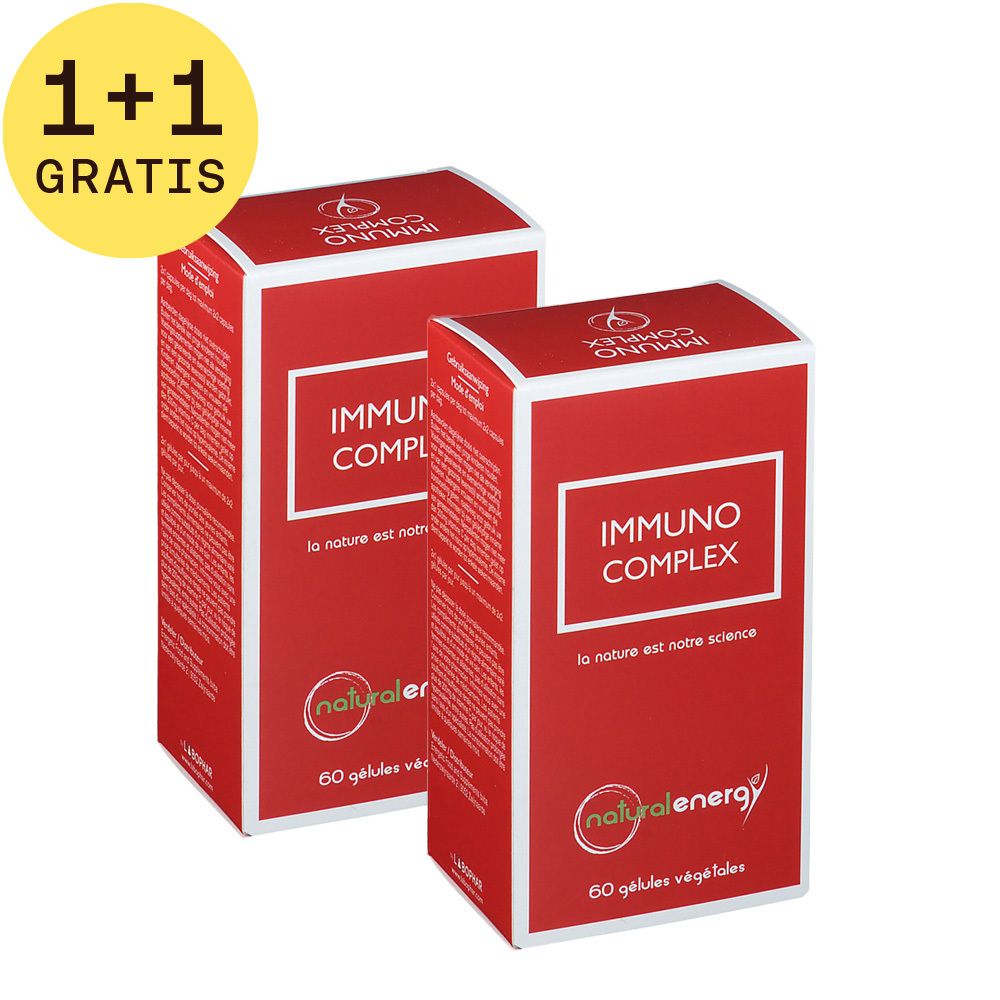Twee rode dozen met witte tekst. Opschrift: IMMUNO COMPLEX, Natural Energy. 60 plantaardige capsules. 1+1 gratis.