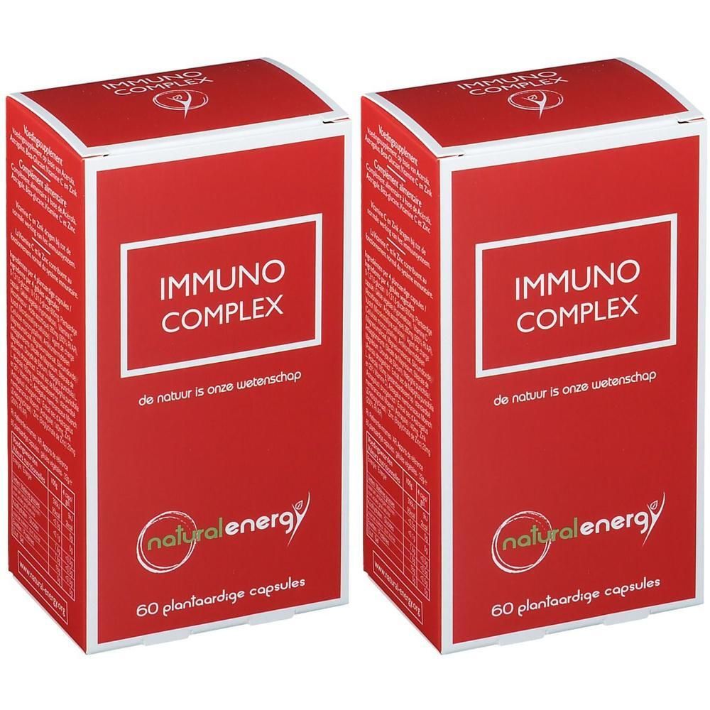 Deux boîtes rouges avec texte blanc. Inscription: IMMUNO COMPLEX, Natural Energy. 60 gélules végétales.