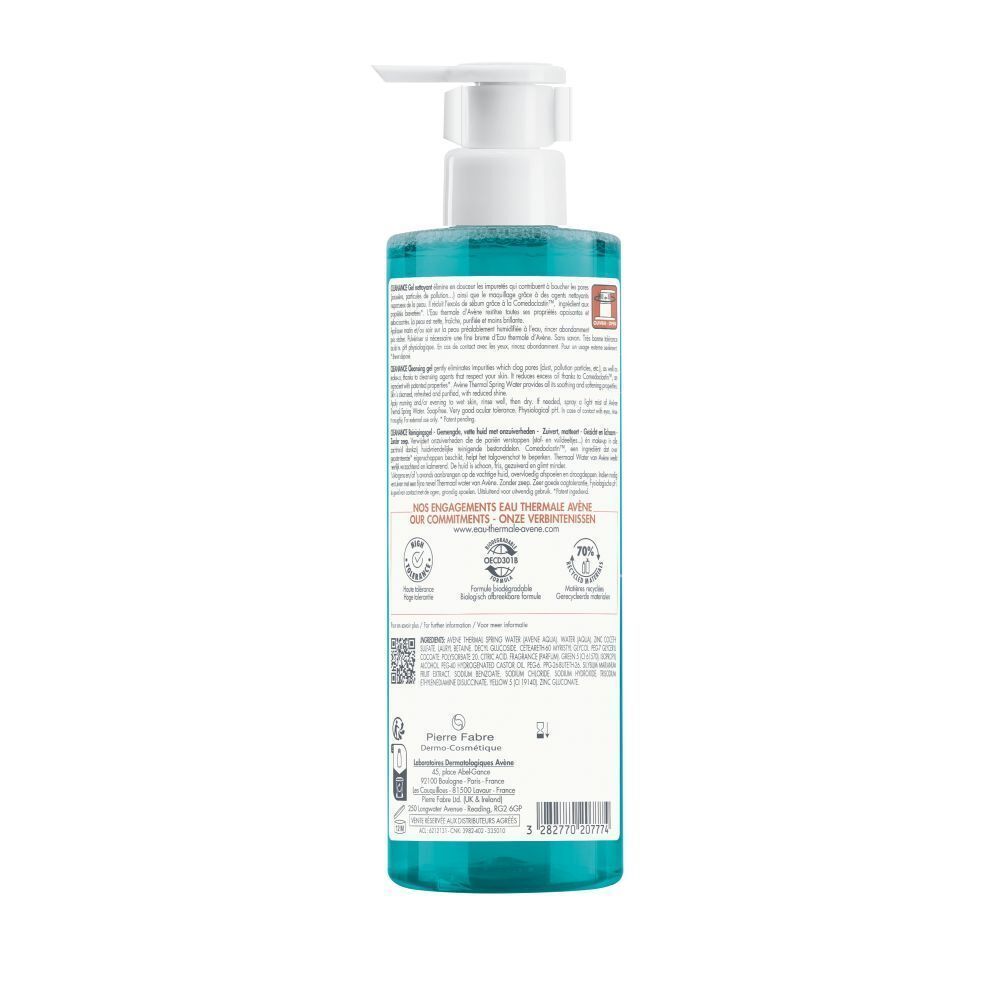 Dos d'un flacon de gel nettoyant Avène Cleanance. Texte: ingrédients, instructions, certifications. Code QR et logo.