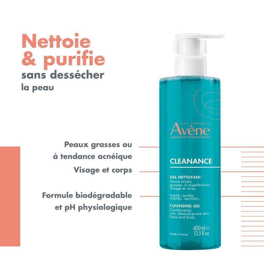 Flacon de gel nettoyant Avène Cleanance. Texte: Nettoie & purifie sans dessécher la peau. Pour peaux grasses ou à tendance acnéique.