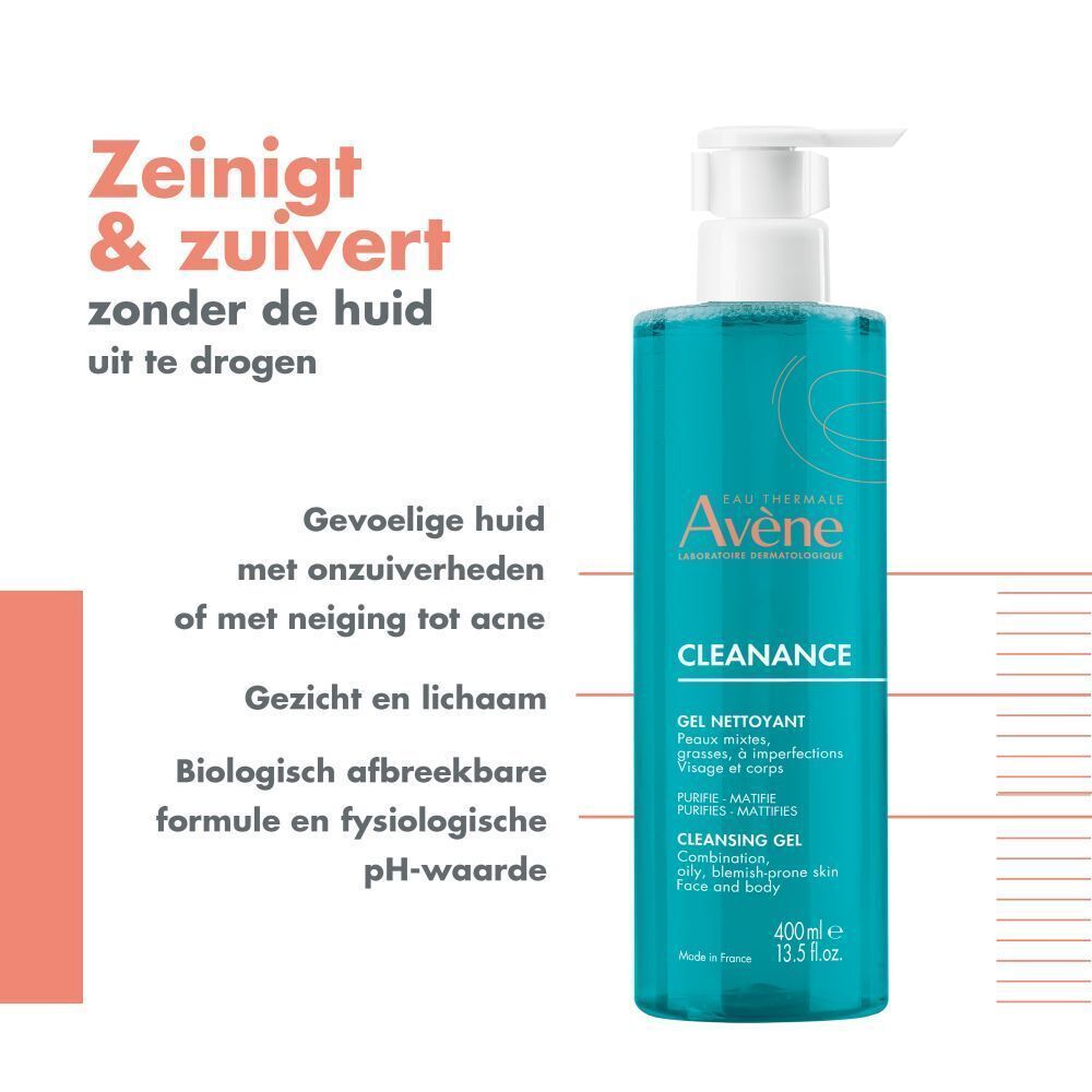 Fles Avène Cleanance reinigingsgel. Tekst: Reinigt & zuivert zonder de huid uit te drogen. Voor vette of acnegevoelige huid.