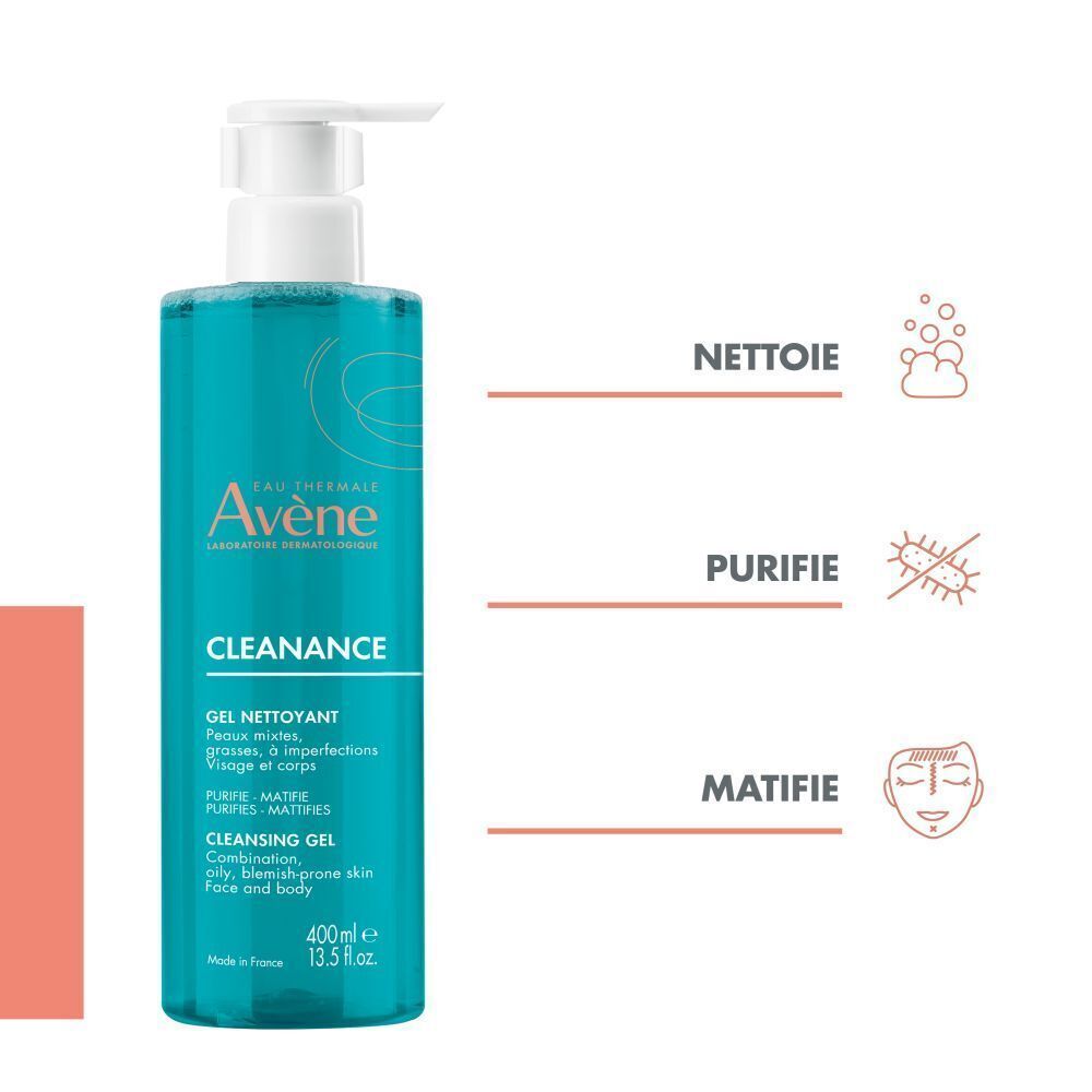 Flacon de gel nettoyant Avène Cleanance. Texte: Nettoie, purifie, matifie. Icônes pour nettoyer, purifier et matifier.