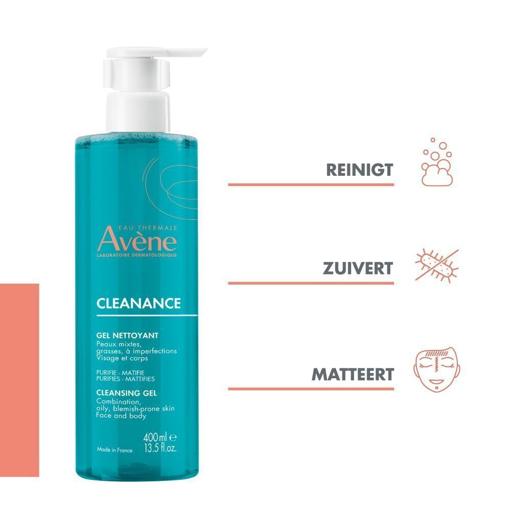 Fles Avène Cleanance reinigingsgel. Tekst: Reinigt, zuivert, matteert. Iconen voor reinigen, zuiveren en matteren.