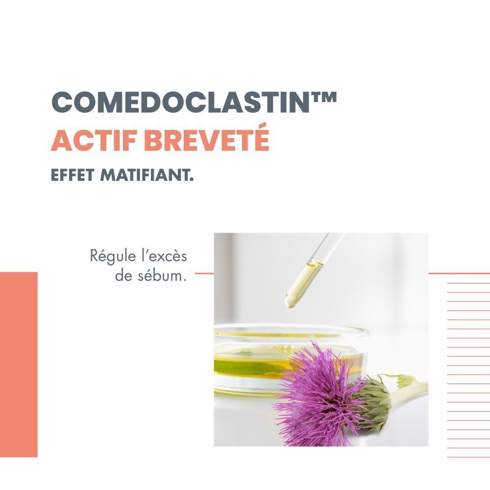 Illustration de Comedoclastin, ingrédient actif breveté. Régule l'excès de sébum. Pipette et bol avec liquide.