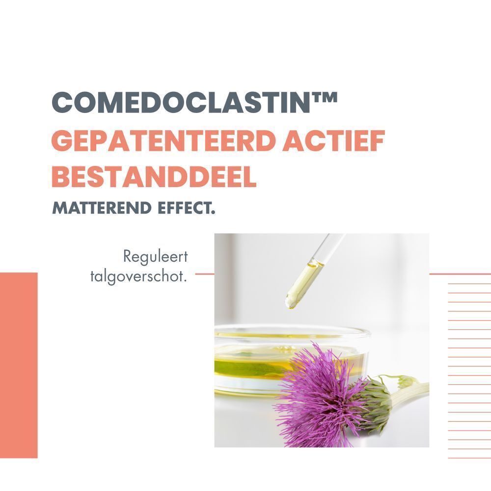 Illustratie van Comedoclastin, gepatenteerd actief bestanddeel. Reguleert overtollig talg. Pipet en schaal met vloeistof.