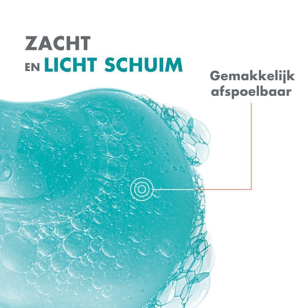 Close-up van schuimbellen. Tekst: Zacht en licht schuim. Gemakkelijk af te spoelen. Cirkel met punt.