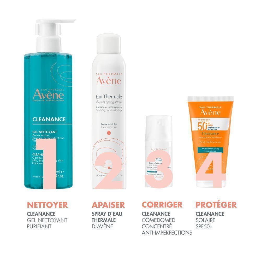 Quatre produits Avène. 1: Gel nettoyant Cleanance. 2: Eau Thermale. 3: Cleanance Comedomed. 4: Cleanance Solaire SPF50+.