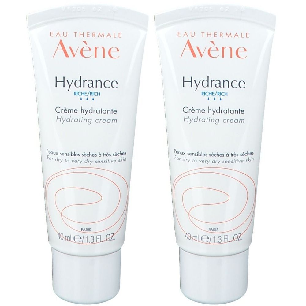 Deux tubes de crème Avène Hydrance. Blanc, avec texte bleu et rouge. Contient 40 ml.
