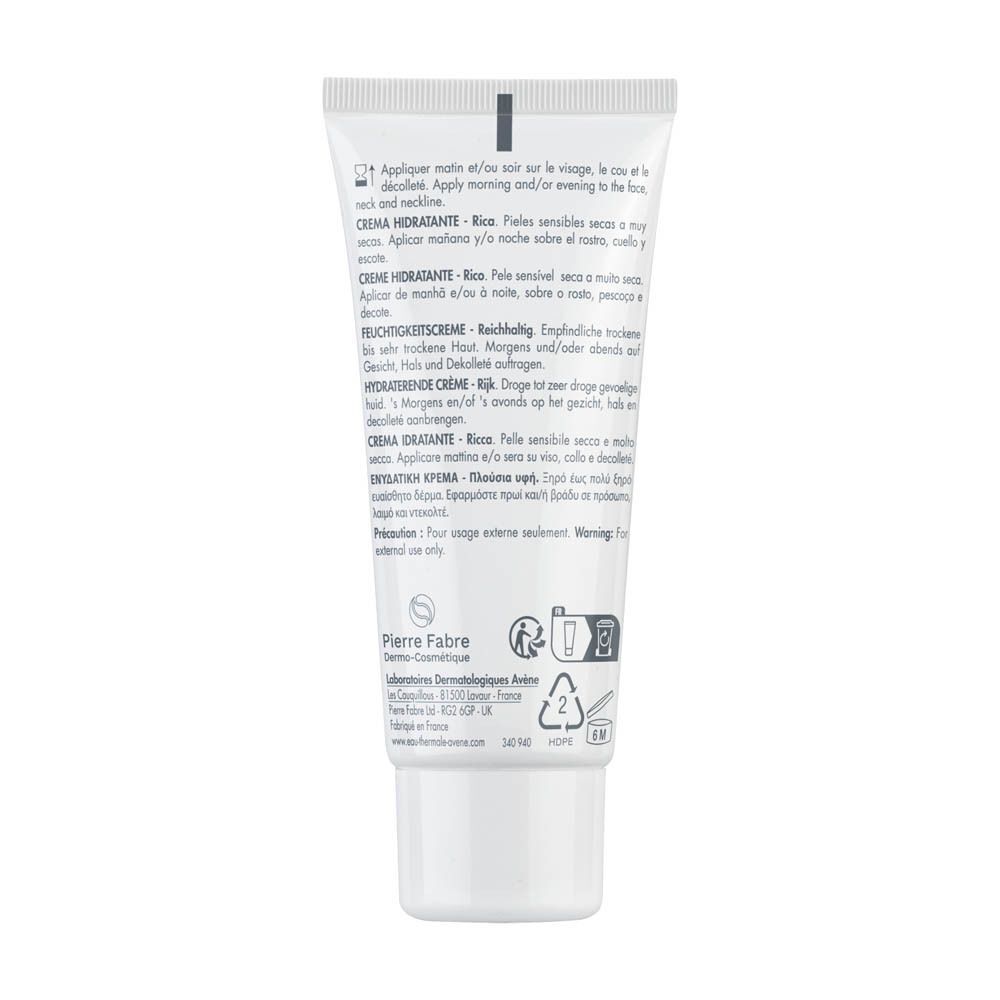 Twee tubes Avène Hydrance Rich vochtinbrengende crème. Witte tubes met blauwe tekst. 40 ml.