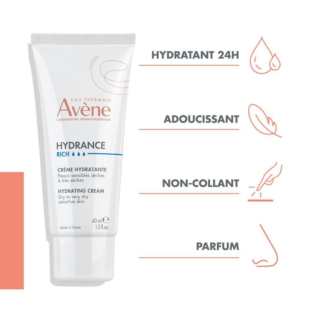 Dos d'un tube Avène. Texte : Hydrate, adoucit, réconforte. Pour peaux sèches déshydratées.
