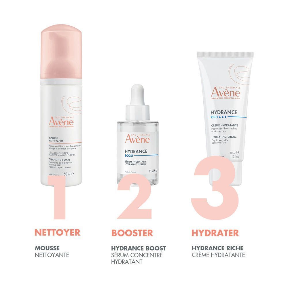 Tube blanc Avène Hydrance Rich. Texte : Hydratant 24h, Adoucissant, Non-collant, Parfum.