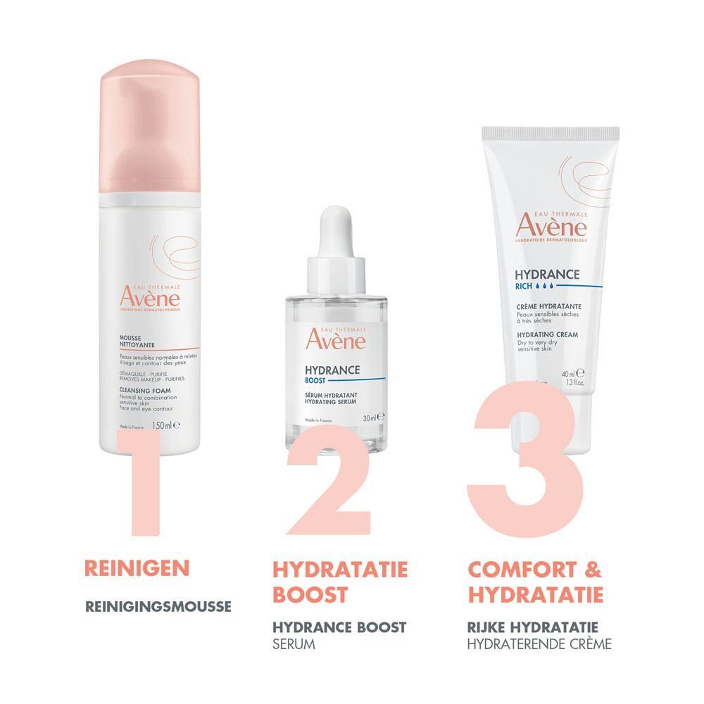 Witte tube Avène Hydrance Rich. Tekst: 24u hydraterend, verzachtend, niet plakkerig, parfum.