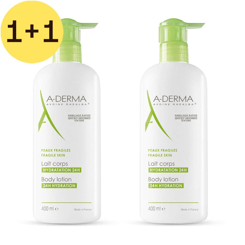 Deux flacons blancs avec bouchon pompe vert. Inscription : A-DERMA, Lait corps, Hydratation 24H, Body lotion. 400 ml.