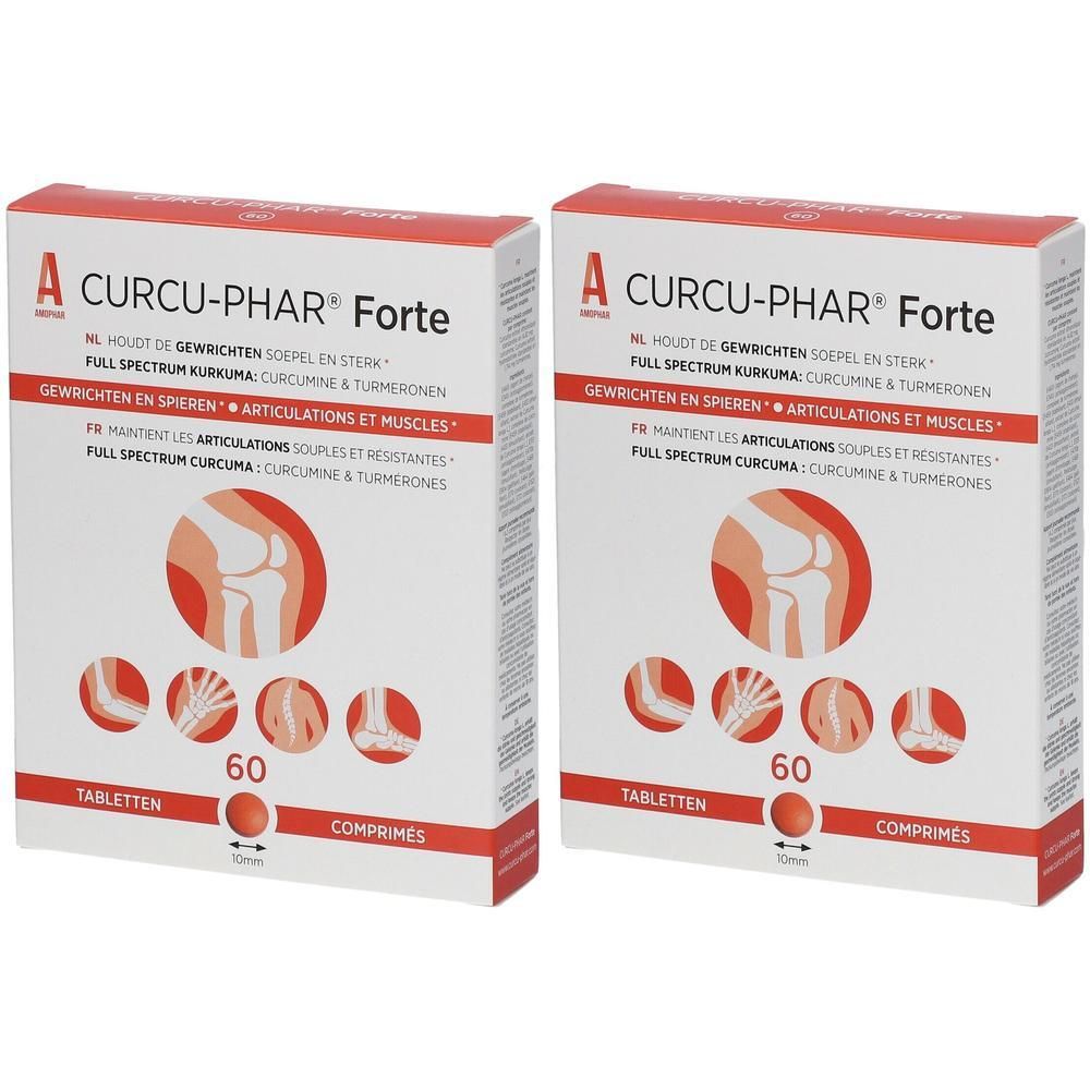 Deux boîtes de comprimés. Inscription: CURCU-PHAR Forte. Contient 60 comprimés. Illustration d'une articulation.