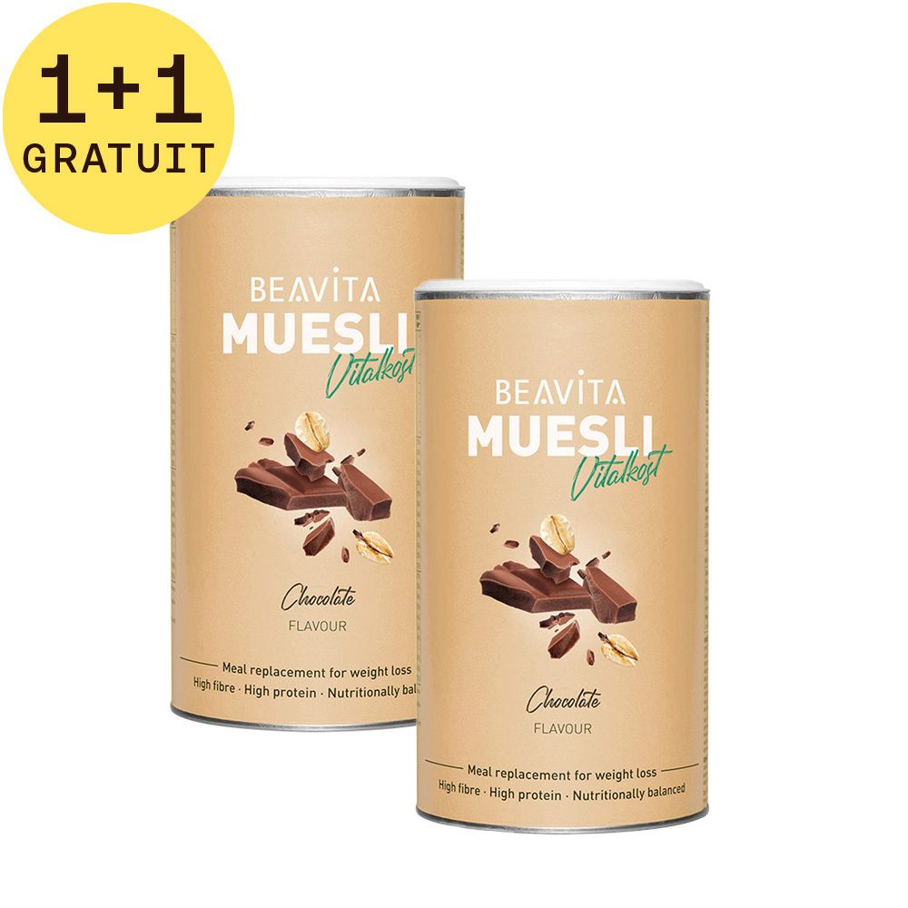Deux boîtes de muesli Chocolat. Inscription: Beavita Muesli Vitalkost, saveur chocolat. Offre 1+1 GRATUIT.
