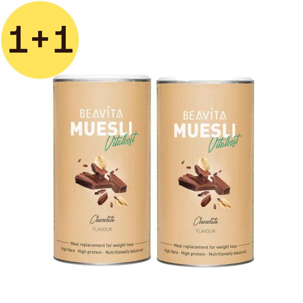Deux boîtes de muesli Chocolat. Inscription: Beavita Muesli Vitalkost, saveur chocolat. Offre 1+1 GRATUIT.