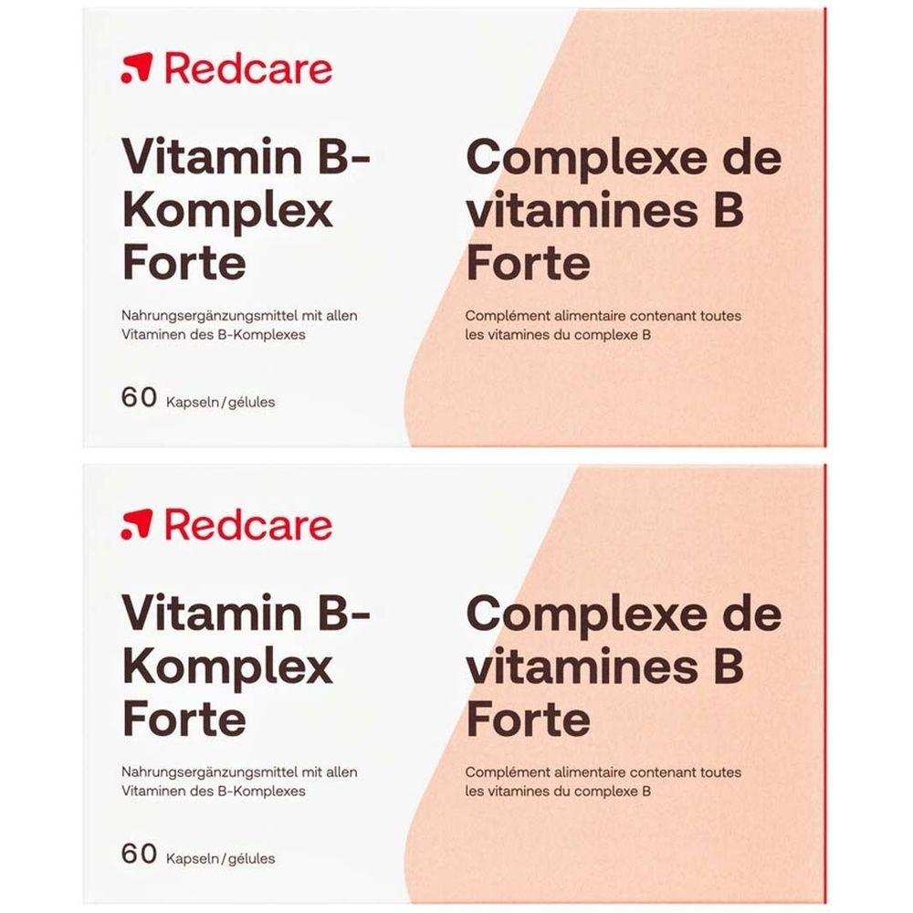 Twee verpakkingen Redcare Vitamine B-Complex Forte. Opschrift: Vitamine B-Complex Forte, 60 capsules. Voedingssupplement.