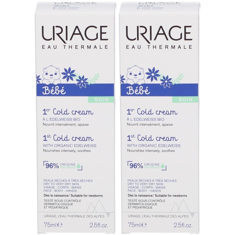 Twee witte dozen met tekst. Merk URIAGE, Bébé en 1st Cold Cream. Franse tekst.