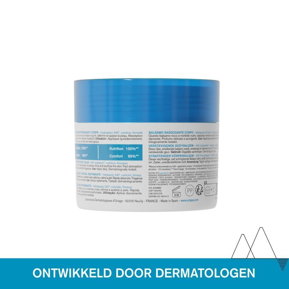 Achterkant van de URIAGE Eau Thermale verstevigende bodybalm met instructies.