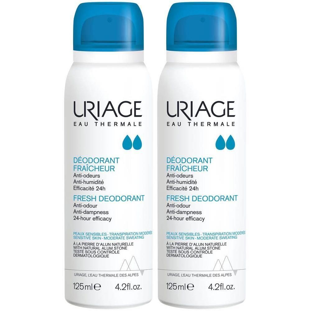 Twee Uriage Deodorant Frâicheur sprays met blauwe dop.