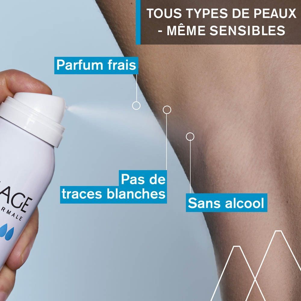 Spray déodorant Uriage Frâicheur appliqué sur l'aisselle. Sans traces blanches.