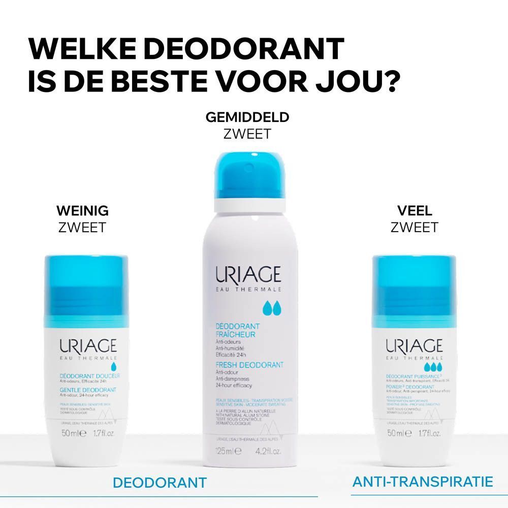 Achterkant van een Uriage Deodorant Frâicheur spuitbus met ingrediënten en instructies.