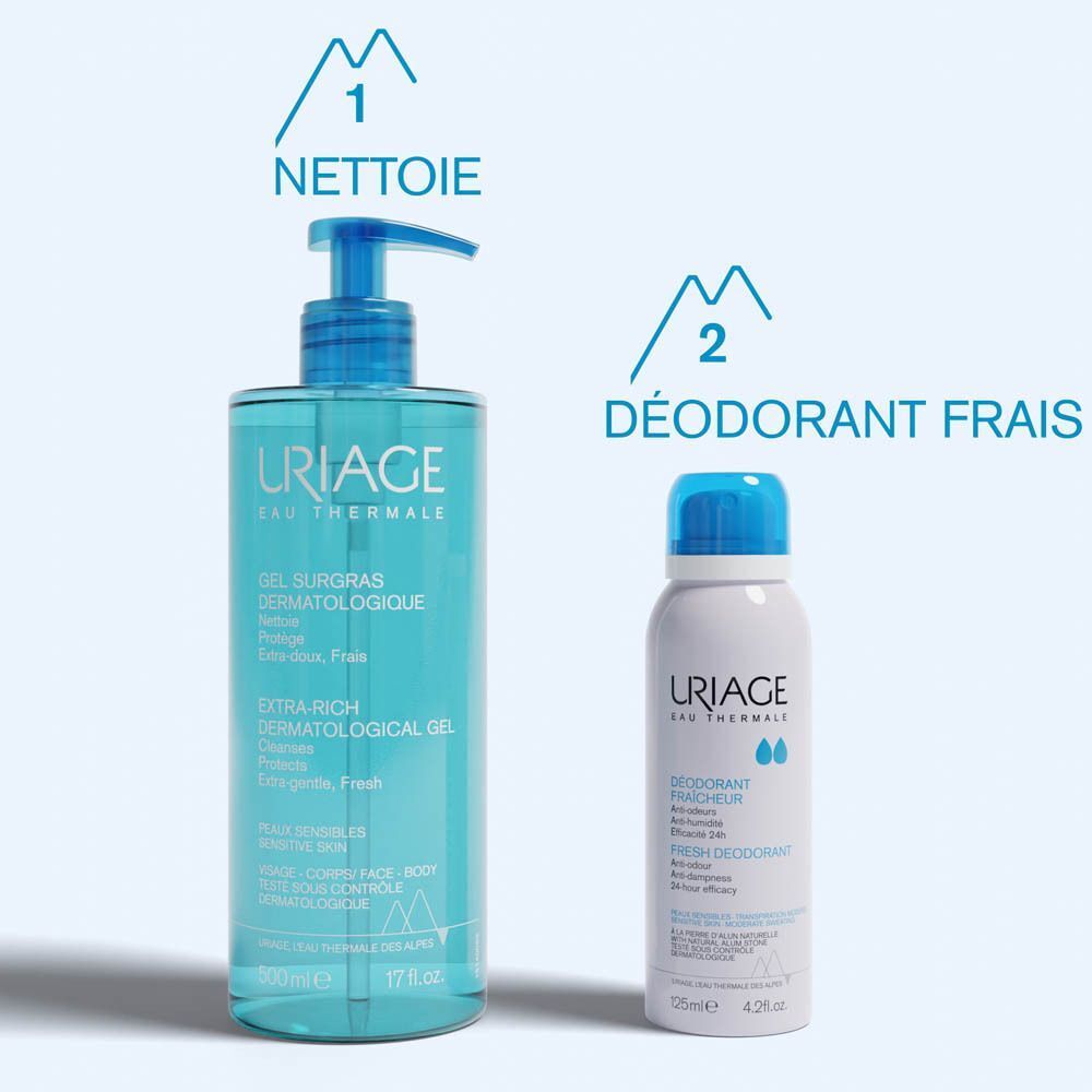 Gel douche Uriage et spray déodorant Frâicheur.