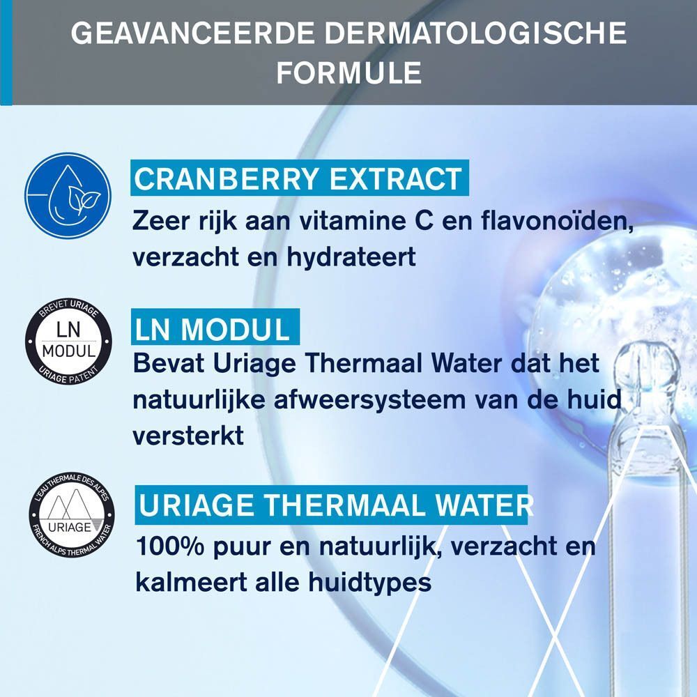 Infographic met tekst: Cranberry extract, LN Modul, Uriage Thermaal Water. Blauwe en witte elementen.