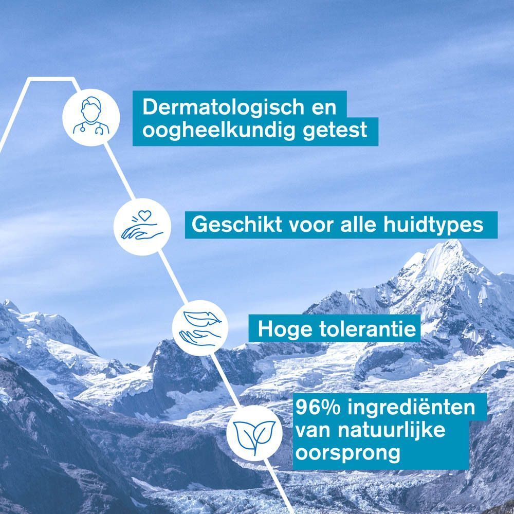 Infographic met tekst: Dermatologisch getest, geschikt voor alle huidtypes, hoge tolerantie.