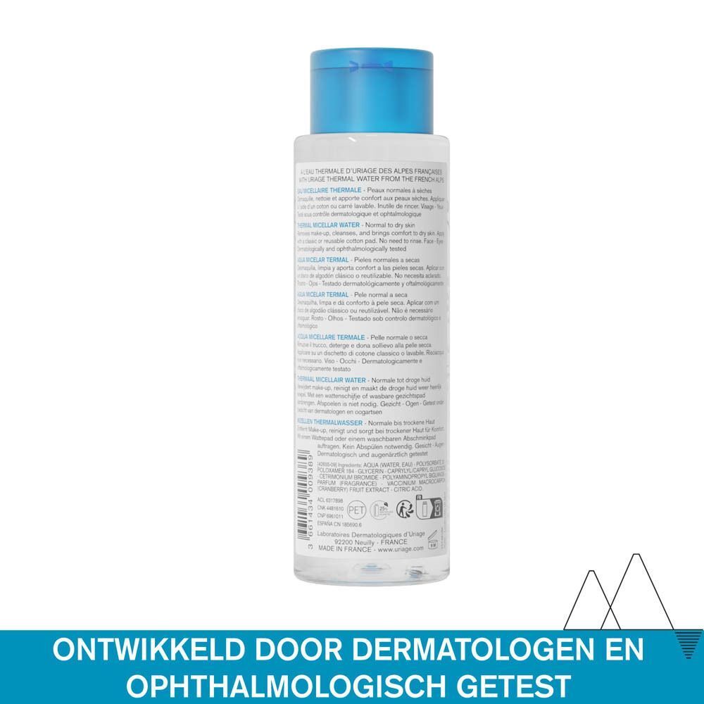 Achterkant van de fles. Tekst: Ontwikkeld door dermatologen en oftalmologisch getest.