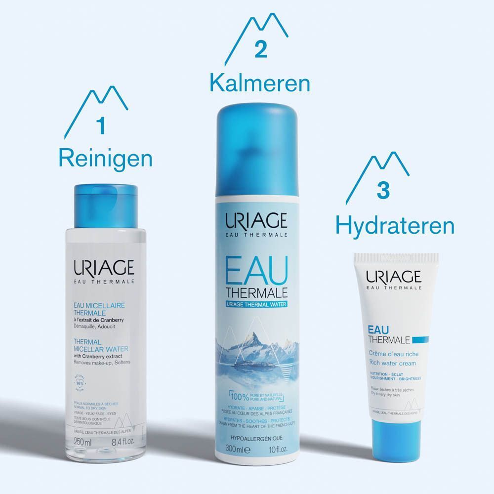 Drie Uriage producten: Eau Micellaire Thermale, Eau Thermale Spray, Crème d'Eau Riche. Blauw en wit.
