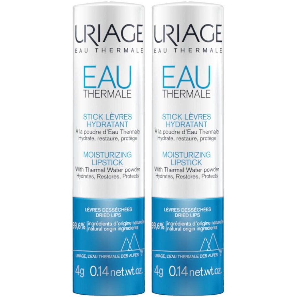 Twee lippenbalsemstiften. Wit-blauwe verpakking met productnaam en tekst. Bevat 4g. Merk: URIAGE.
