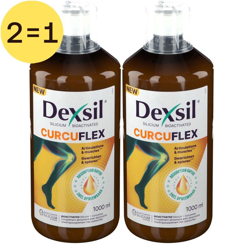 Deux flacons de Dexsil CurcuFlex. Liquide brun dans des bouteilles transparentes. Inscription : CurcuFlex, 1000 ml. Étiquette jaune 2=1.