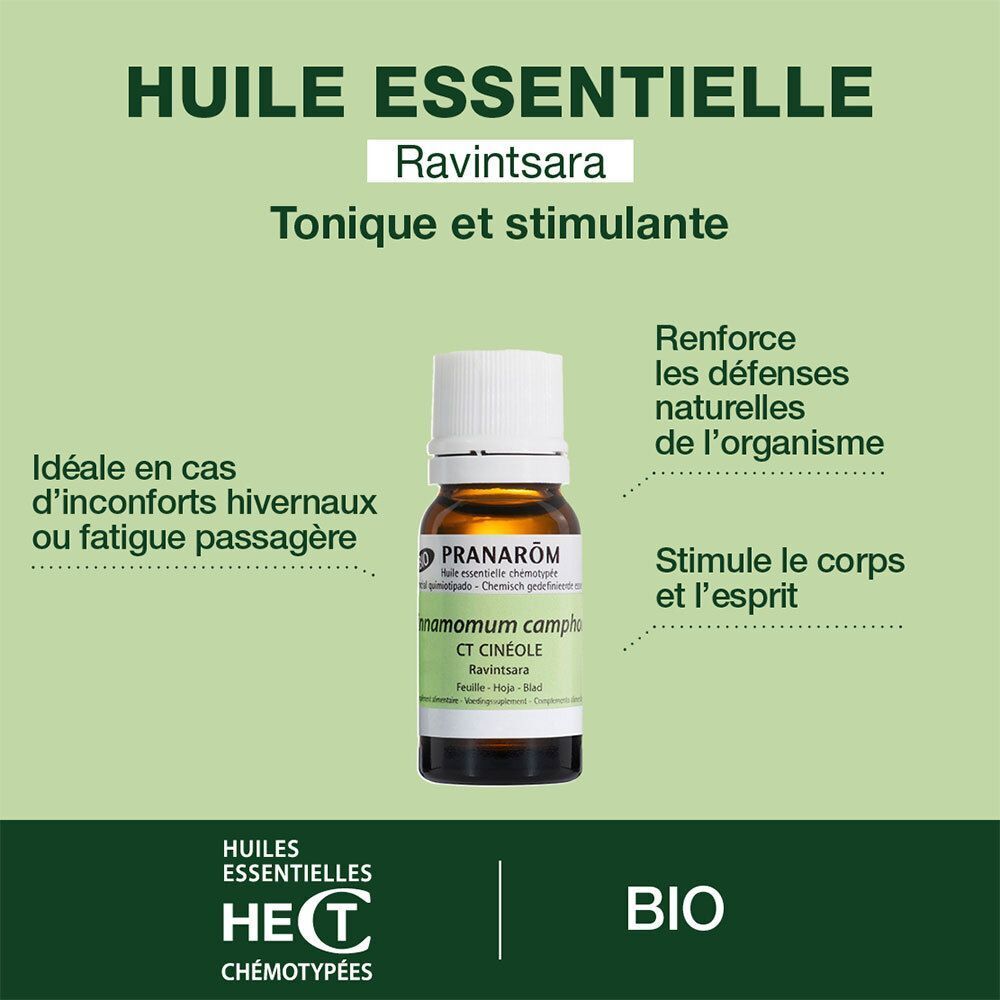 Fond vert avec texte: Huile Essentielle Ravintsara. Flacon avec étiquette, texte et logo BIO.