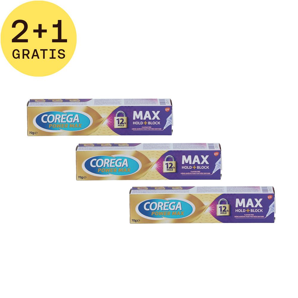 Drie tubes Corega Power Max kleefcrème. Linksboven: 2+1 GRATIS.