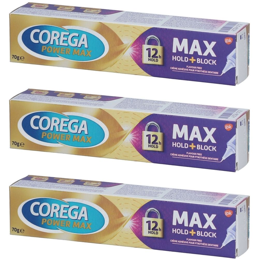 Trois boîtes de Corega Power Max Hold + Block. Emballage jaune et violet. Texte : Corega, Power Max, Hold + Block, 12h Hold.