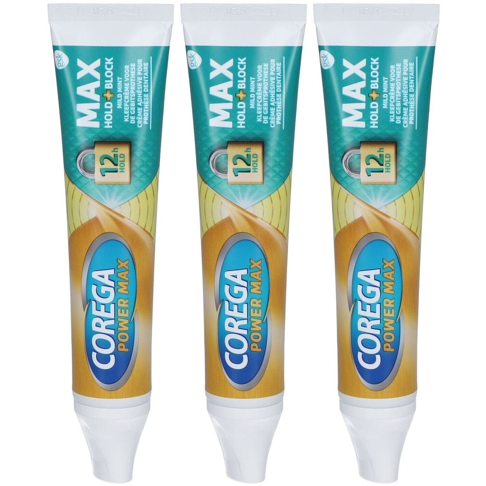Drie tubes Corega Power Max kleefcrème. Opschrift: Max Hold + Block, 12h Hold. Blauwe, gele en witte kleurstelling.