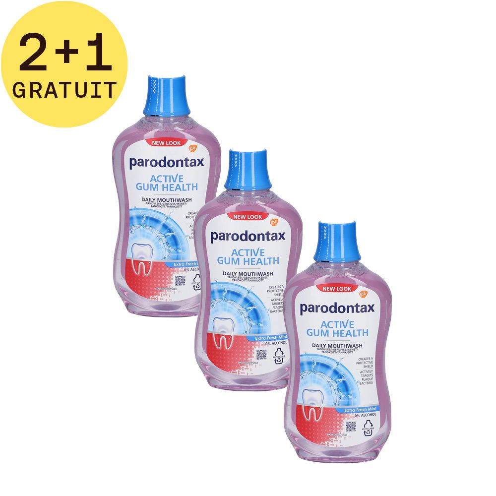 Trois flacons de bain de bouche avec bouchon bleu. Inscription: Parodontax Active Gum Health. 2+1 GRATUIT.