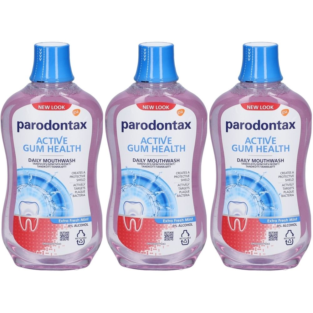 Trois flacons de bain de bouche avec bouchon bleu. Inscription : parodontax Active Gum Health. Extra Fresh Mint. Symbole dentaire et gingival.