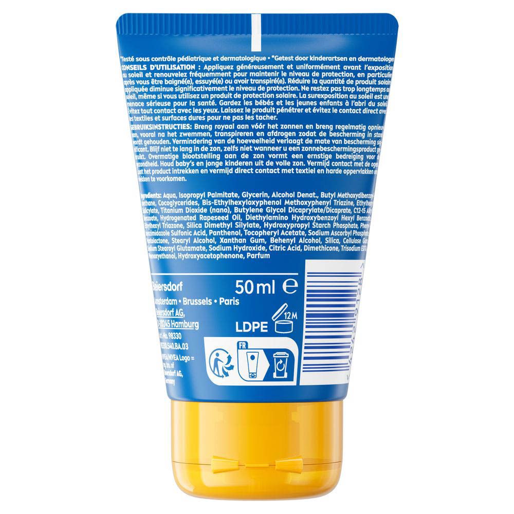 Dos du tube bleu NIVEA Sun Kids To Go. Ingrédients et conseils d'utilisation. 50ml.
