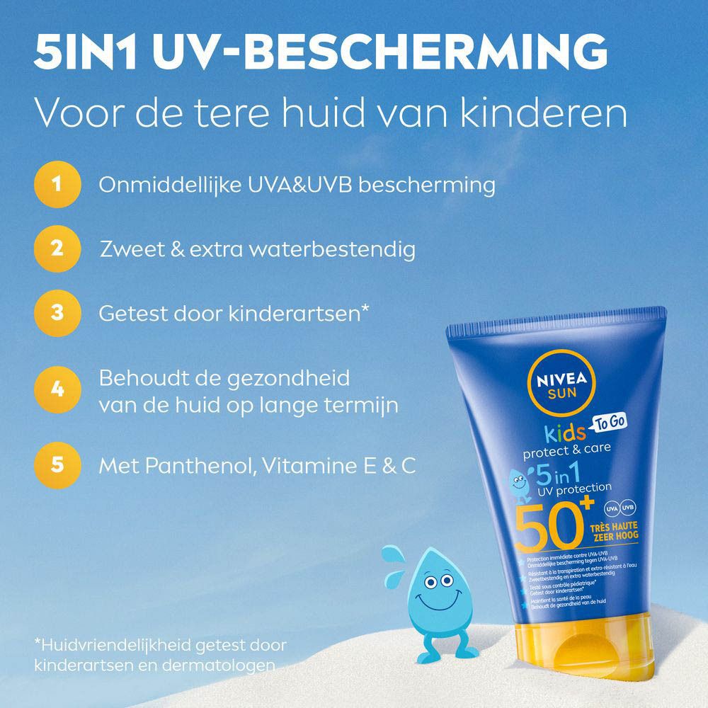 Reclame voor NIVEA Sun Kids To Go. 5-in-1 UV-bescherming voor de tere huid van kinderen. UV-bescherming, waterbestendig.