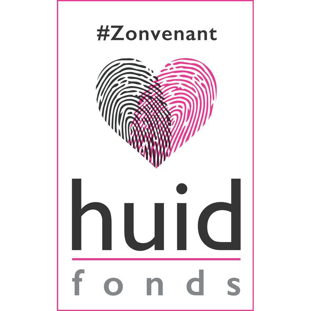 Logo de la fondation Huidfonds. Coeur avec empreintes digitales. Texte : #Zonvenant, huidfonds.