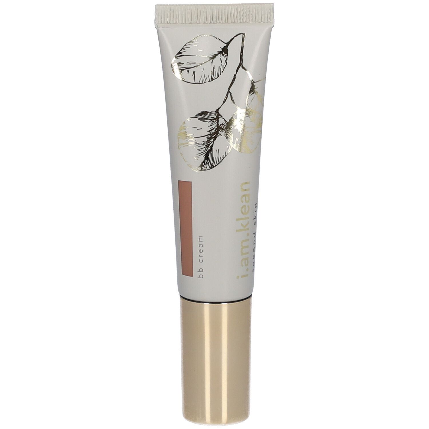 Crèmetube met gouden dop. Opschrift: i.am.klean, BB cream. Kleurindicator.