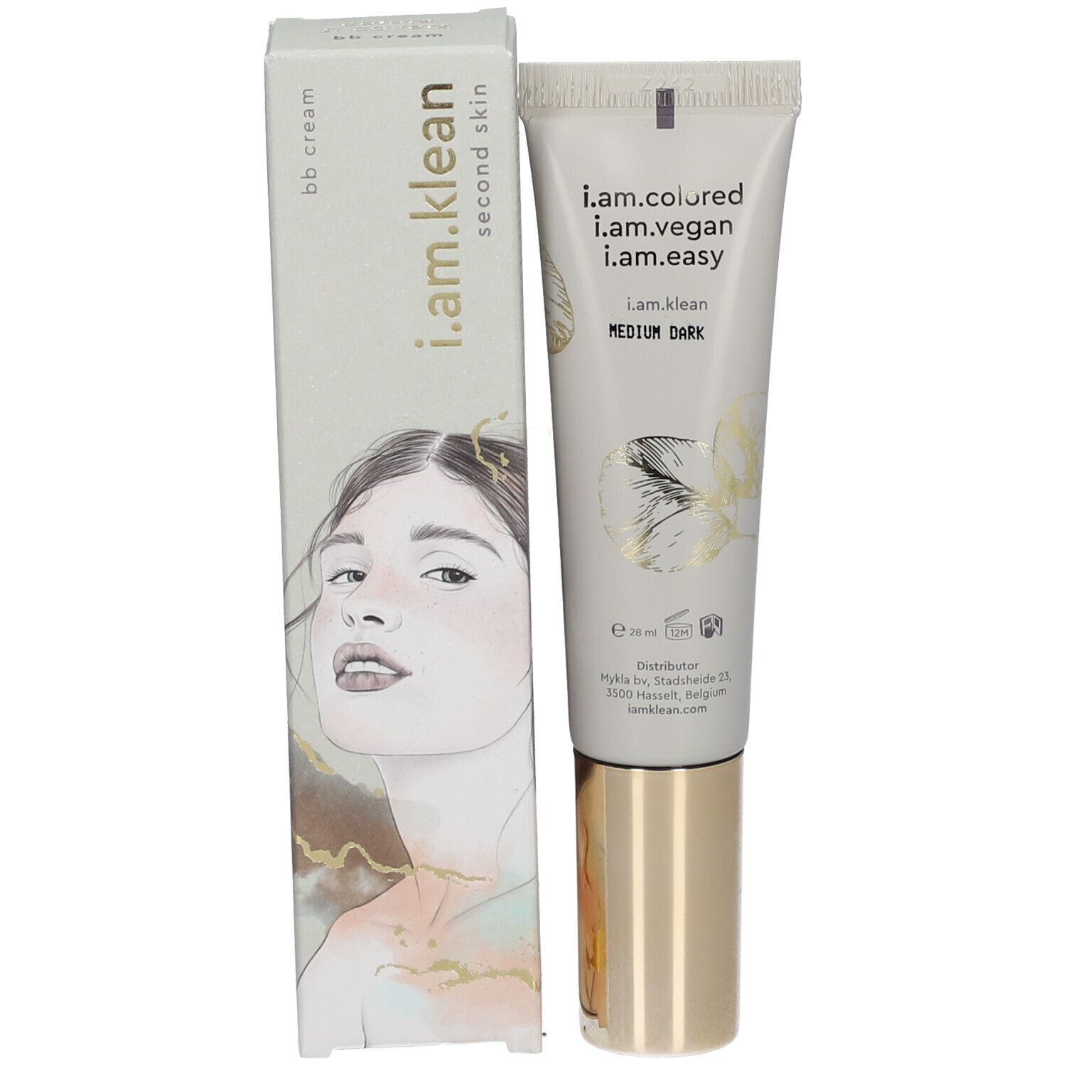 Productverpakking met crèmetube. Opschrift: i.am.klean, second skin, BB cream. Vrouwengezicht.
