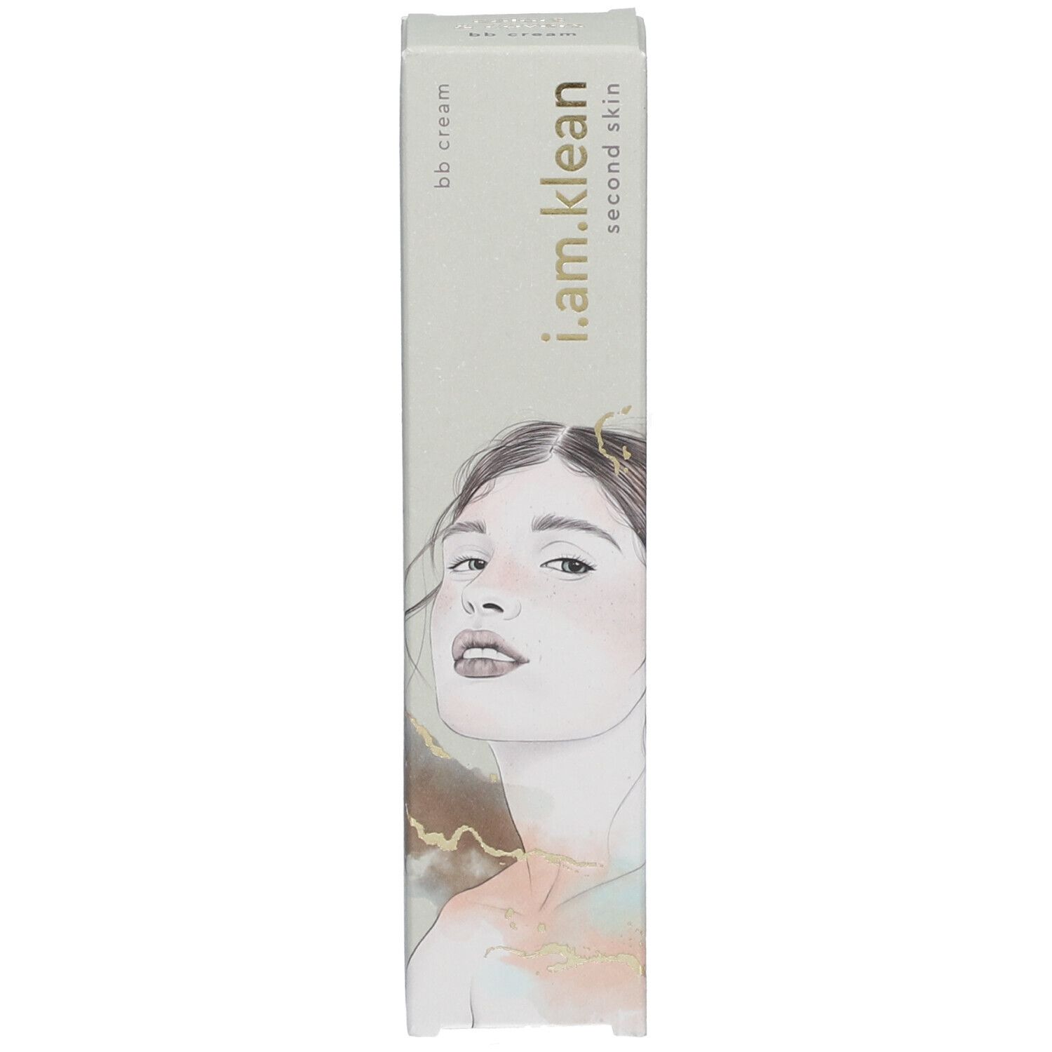 Productverpakking. Opschrift: i.am.klean, second skin, BB cream. Vrouwengezicht.