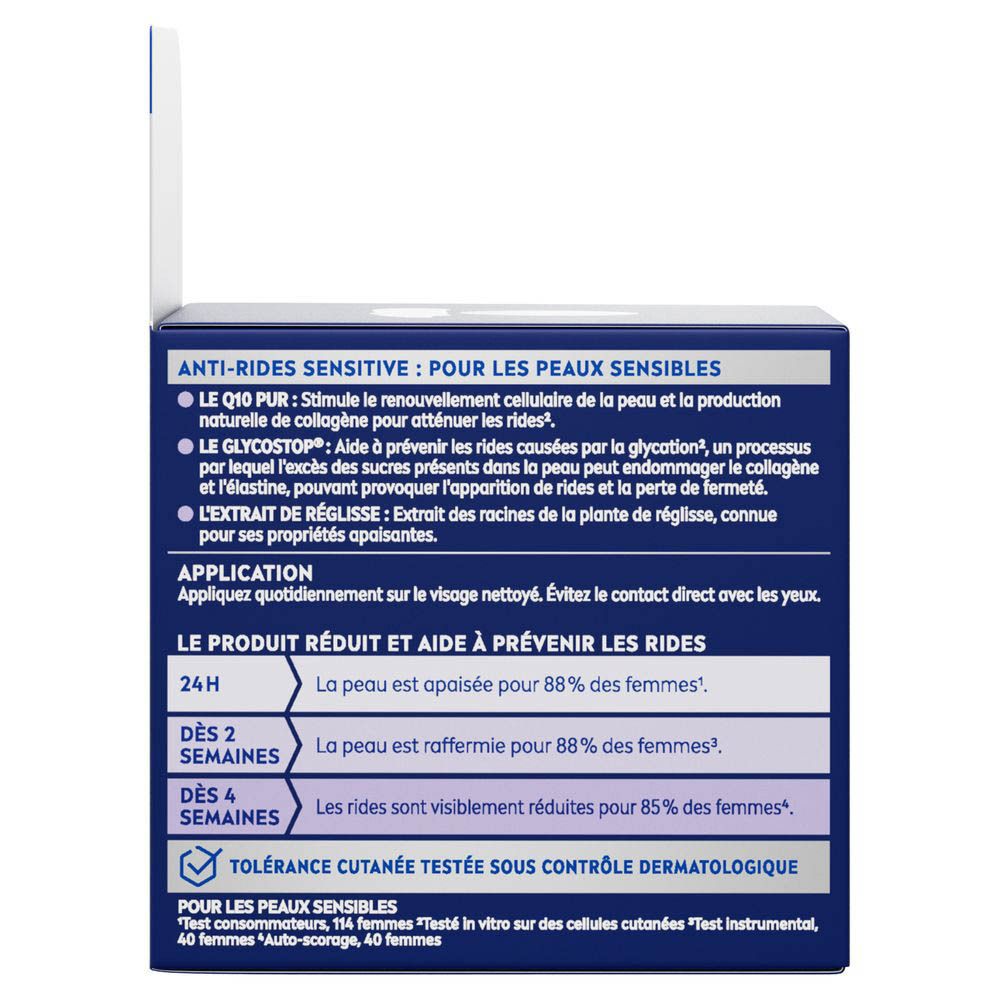 Achterkant van de Nivea Q10 Anti-rimpel Sensitive Nachtcrème verpakking.