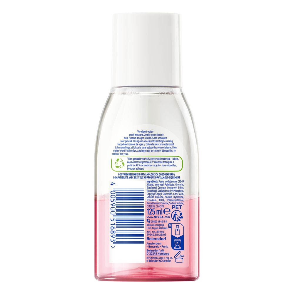 Achterkant van de Nivea Oog Make-up Remover fles, 125ml, met ingrediënten en barcode.