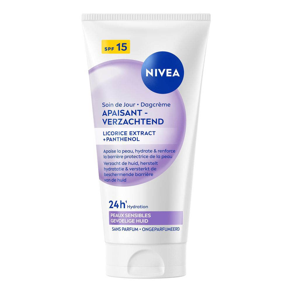 Tube NIVEA Verzachtende Dagcrème SPF15, 50ml, voor gevoelige huid.